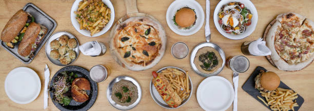 istock Top view of the restaurant table with delicious dishes 2045803462