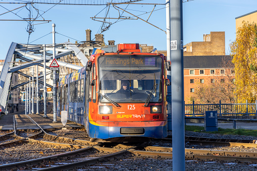 Sheffield, South Yorkshire, England - November 23 2023: Stagecoach Supertram in Sheffield, Yorkshire, UK. From March 24, Supertram will no longer be run by Stagecoach. From this date the tram will be run by a company known as South Yorkshire Future Trams.