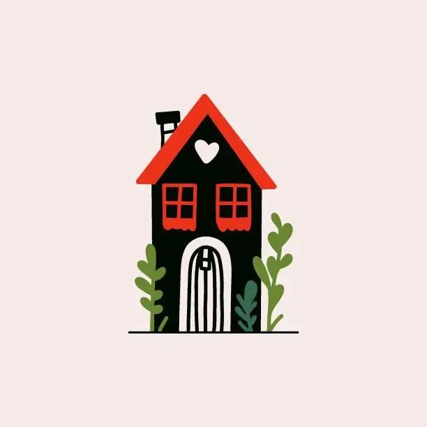 Vector illustration of Cartoon small fairy house. Cute flat cottage with chimney, hand drawn tiny onestory wooden building with windows. Vector illustration