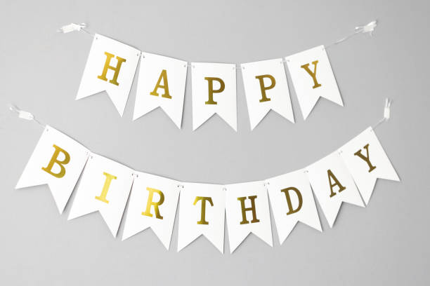 istock Card template with white Happy Birthday banner flags isolated on grey background. Paper decoration for birthday party. 2045824491