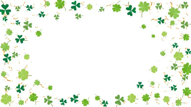 Vector illustration of frame circle with clover leaves and gold confetti for Saint Patrick Day, holiday party