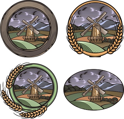 Vector illustration of a windmill, done in retro woodcut style. Off-grid organic farming and renewable energy.  Several colorful versions.