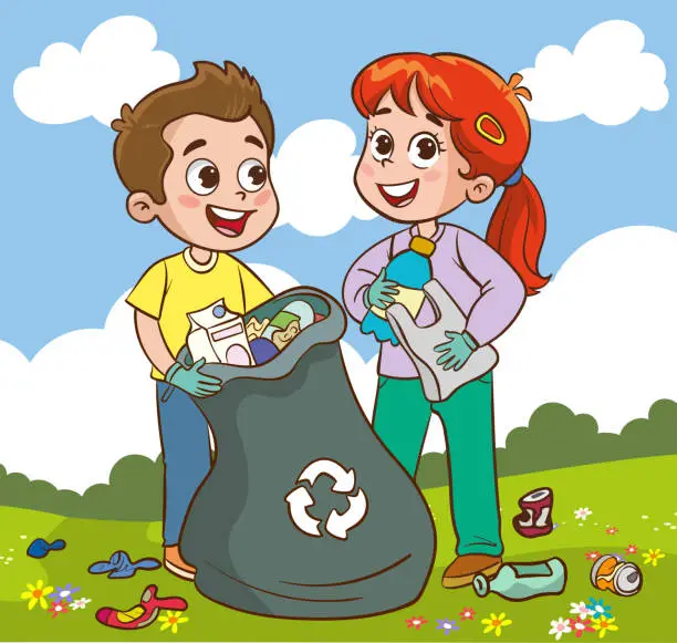 Vector illustration of Vector illustration of boys and girls collecting plastic bottles and garbage in the park