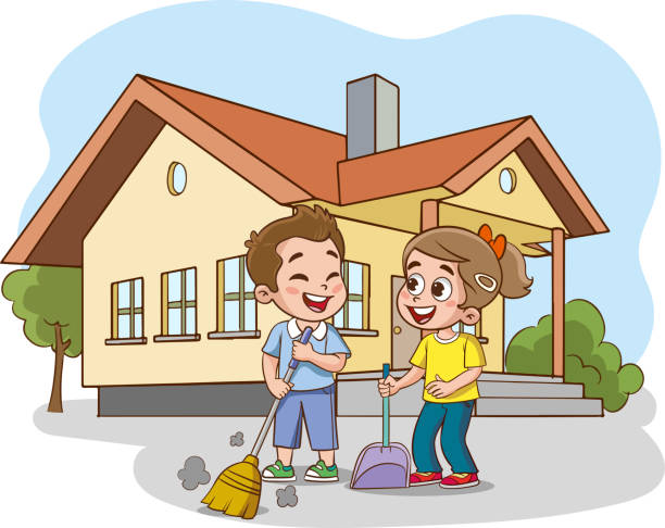 ilustrações de stock, clip art, desenhos animados e ícones de vektör illustration of a little kids mopping the floor with a mop - domestic room child cartoon little boys