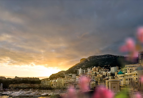 Cityscape of seaside Monaco during sunset