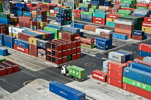 Tenerife, Canary islands - September 13, 2010: Containers and truck at the commercial docks of Santa Cruz