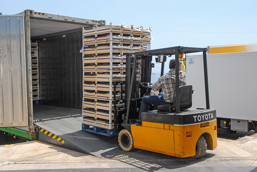 Tenerife, Canary islands - April 08, 2011: Forklift removing goods from a container