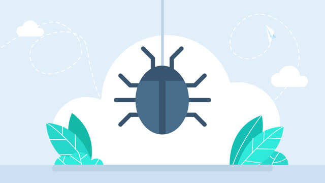 Bug, beetle. Spider descends on its web. Spider on the web in the center of the screen. Find errors, software testing concept. Blue beetle on a white background. Cartoon minimal style. 2d animation