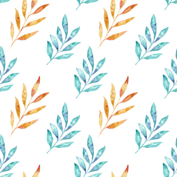 illustrations, cliparts, dessins animés et icônes de motif d’aquarelle avec des feuilles, des branches, dessiné à la main. jaune, orange, bleu, turquoise sur fond blanc. - autumn branch leaf backgrounds