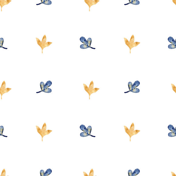 illustrations, cliparts, dessins animés et icônes de motif minimaliste à l’aquarelle avec des feuilles, des branches, dessiné à la main. jaune, bleu sur fond blanc. - autumn branch leaf backgrounds