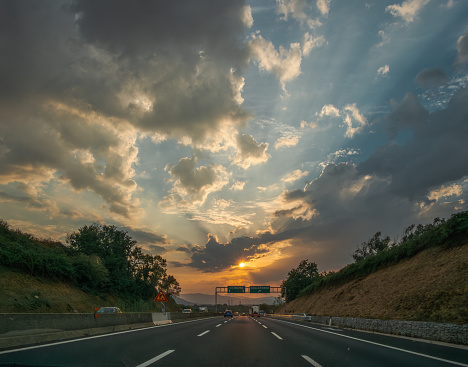 Stormy sunset on the highway near Colleferro, Rome, Lazio, Italy