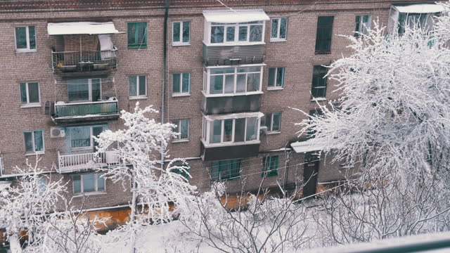 Window view, Winter City Landscape in the Courtyard of Old Residential Buildings