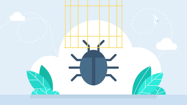 Bug. A beetle in a cage. Detection, neutralization, confinement, neutralization of malicious programs and applications. Software error. Bug, mistake. 2d flat animation