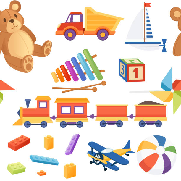 istock Seamless pattern collection of children toys soft and plastic material color vector illustration on white background 2045933230