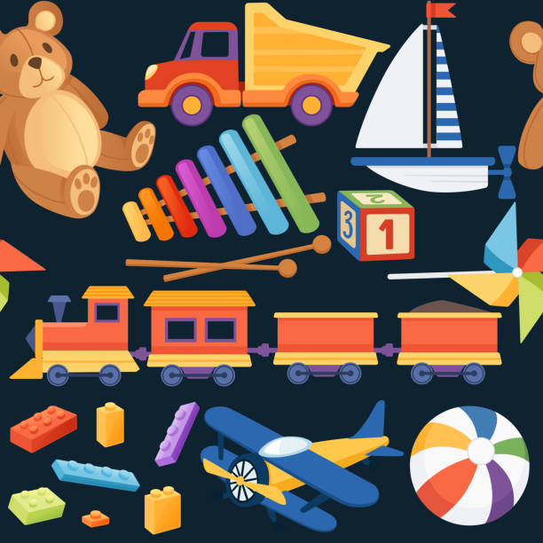 istock Seamless pattern collection of children toys soft and plastic material color vector illustration on dark background 2045933742