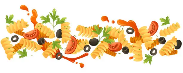 Vector illustration of Ready for eat dish italian pasta fusilli cuisine staples with olives herbs and tomatoes vector illustration on white background