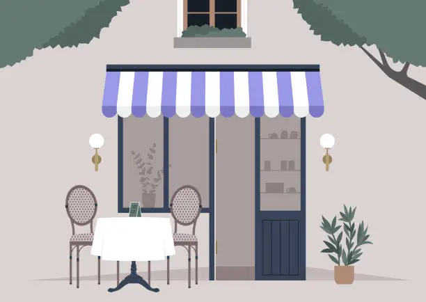 Vector illustration of Quaint Evening at a Charming French Cafe Terrace, A serene setting outside a cozy restaurant, awaiting patrons