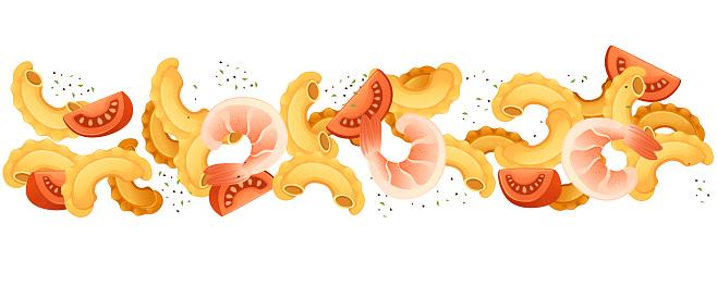 Ready for eat dish italian pasta creste di galli cuisine staples with shrimp and tomatoes vector illustration on white background.