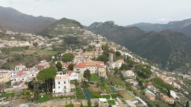 Ravello, italy with mountain backdrop in daylight, aerial view