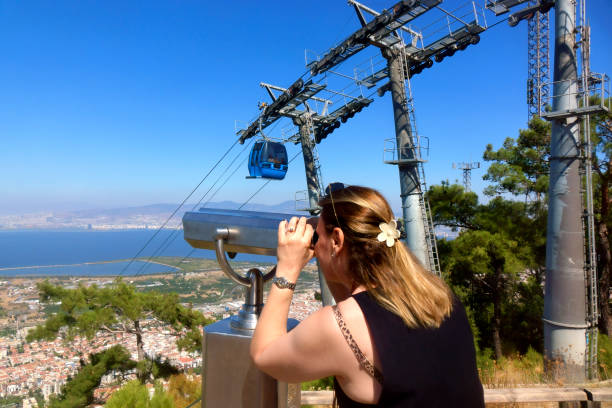 Woman looking at aerial city view through binoculars