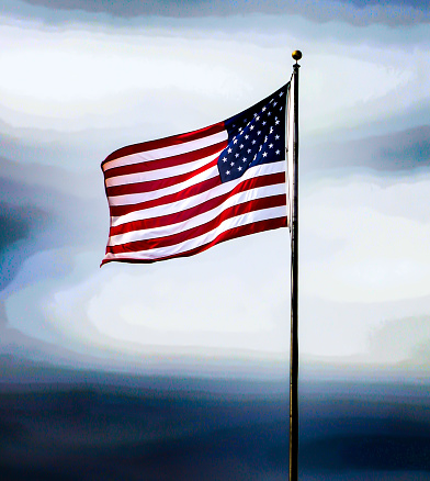 A single American flag on pole against cloudy sky