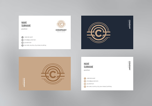 A business card template with a brown and dark blue background in a minimalistic style, the letter C logo, icons for the address and phone