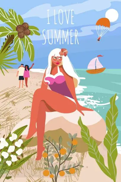 Vector illustration of Vertical postcard with image of girl, woman on summer vacation in nature, seashore, ocean, flyer for summer party, background enjoying the moment. Vector illustration hand drawn illustration.