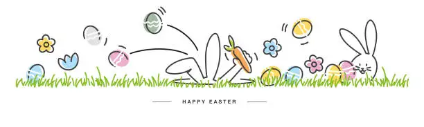 Vector illustration of Happy Easter. Easter bunny cleans the den. Spring flowers tulips carrot colorful eggs in green grass. Easter egg hunt white greeting card