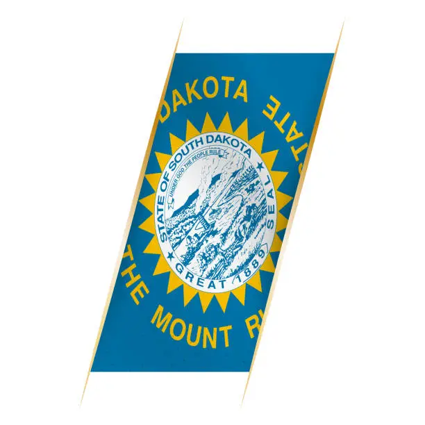 Vector illustration of South Dakota flag in the form of a banner with waving effect and shadow.