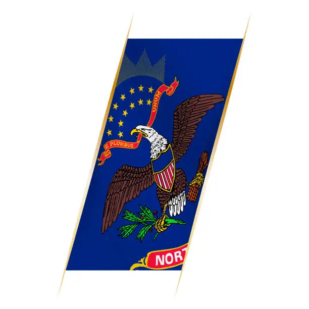 Vector illustration of North Dakota flag in the form of a banner with waving effect and shadow.