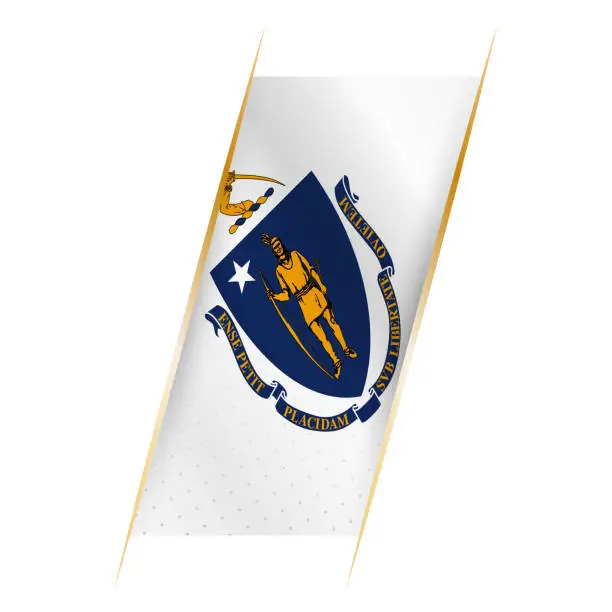 Vector illustration of Massachusetts flag in the form of a banner with waving effect and shadow.