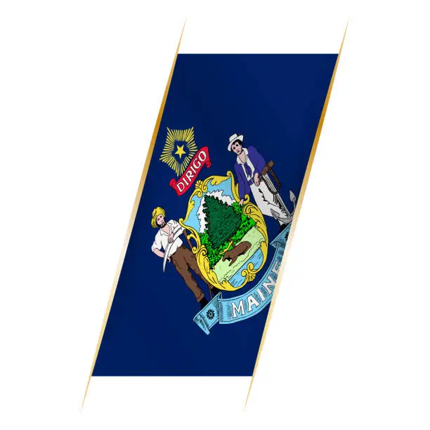 Vector illustration of Maine flag in the form of a banner with waving effect and shadow.