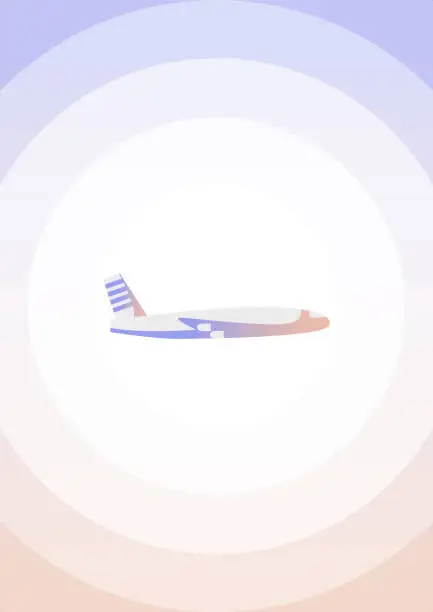 Vector illustration of Plane flies in morning time gradient illustration. An airplane on purple background of the sky with setting sun.