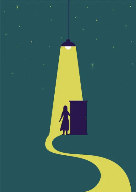 Vector illustration of Aesthetic illustration of young dreaming woman. Dressed girl and door under a lamp light at night