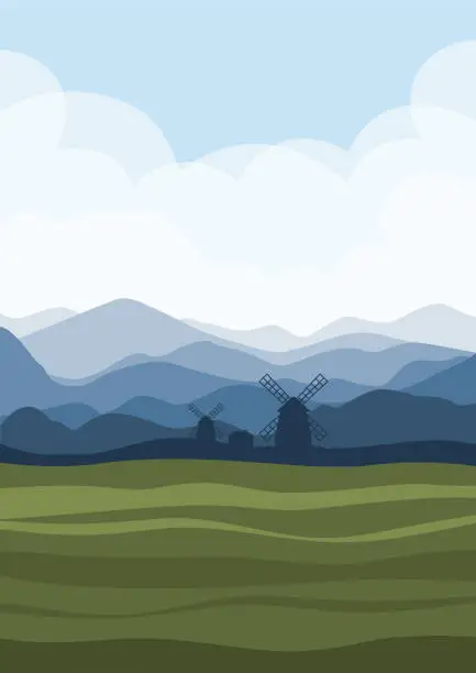 Vector illustration of Rural summer landscape with windmills in Holland illustration. Vector illustration of beautiful summer fields