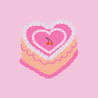 Cute heart shaped cake with cherry. Hand drawn illustration in retro style.