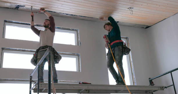 istock Men build wood ceiling in home 2046087279