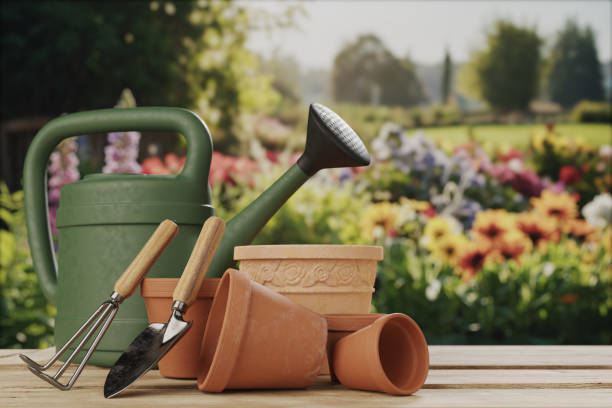 istock Gardening tools are placed on a table and have a background. It's a flower garden. 2046108937