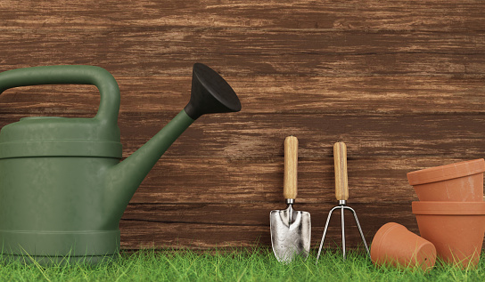 Gardening tools placed on the grass And there is a wooden fence in the background.
