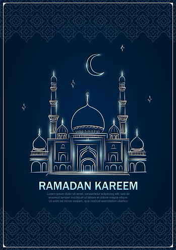 Eid Mubarak greeting card with hand drawn linear Mosque and crescent moon with stars on dark blue background with Arabic pattern. Template of Ramadan Kareem square banner with silver outline Masjid