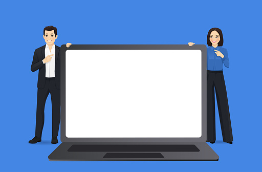 Smiling business man and woman standing behind laptop computer blank screen vector illustration on blue background
