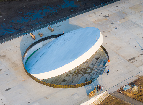 Aerial photo of science museum being built on Nemunas island in Kaunas city center. Museum which will be called Science island