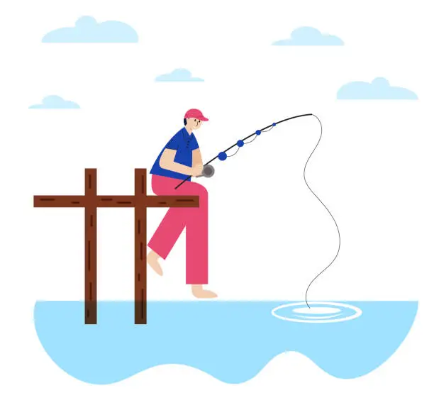 Vector illustration of Cartoon man fishing on the lake on the pier