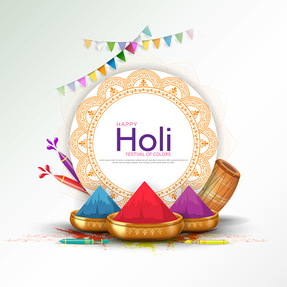 Happy holi festival poster template with holi powder color bowls on white background. Vector illustration.