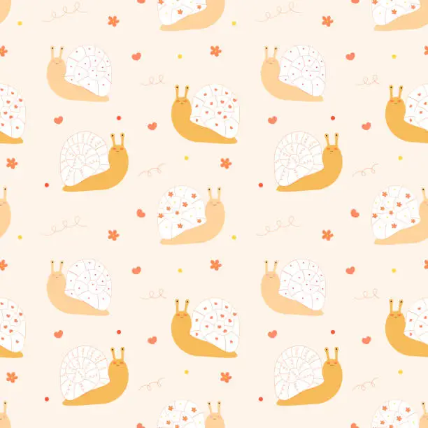 Vector illustration of Seamless pattern cute smiling snails with ornaments.