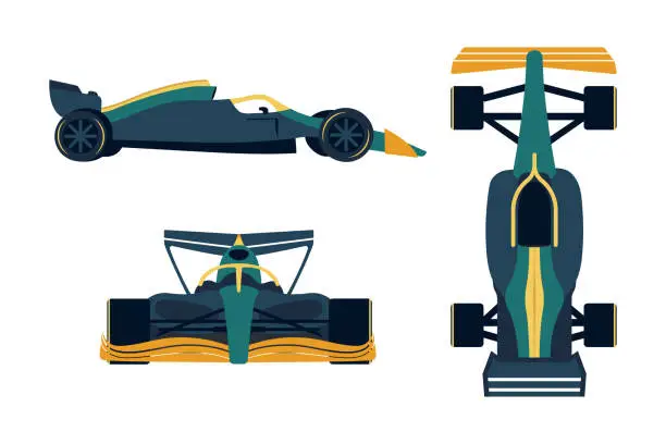 Vector illustration of Three views of Formula 1 racing car - side, top, front. Transport of extreme sports. Fast vehicle on four wheels. Model