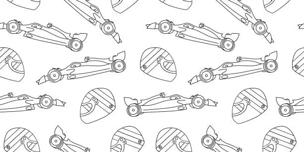 Vector illustration of Pattern of contour racing car, helmet. Formula 1 sports car. Racer head protection with visor. Sketch men seamless print