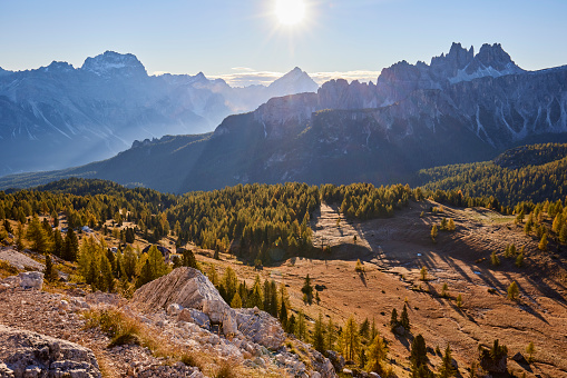 Mountain and Larches trees on a sunny day in the Dolomites, the sky is clear and there are some trees in the foreground