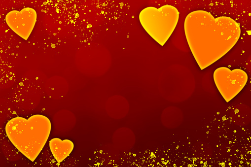 Red background with heart shapes, bokeh light and glittering particles. Can be used as a design for romantic or Valentine's day holiday greeting cards or posters.