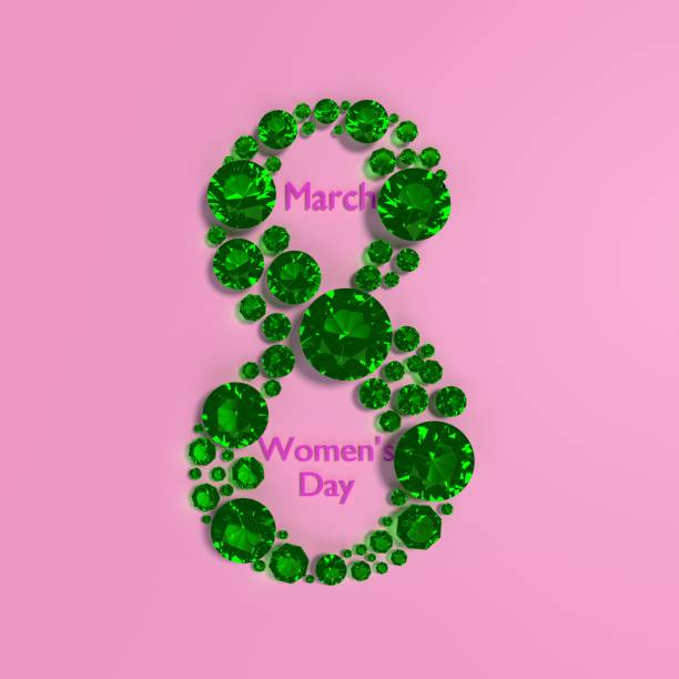 8 March Women's Day Text on Purple Background. Number 8 made of beautiful green diamonds.